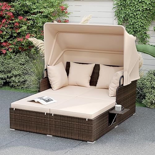 Miniatura 12 de RELAX4LIFE Sofá cama para patio al aire libre con toldo, tumbona de mimbre con cojines, 4 almohadas y 2 bandejas laterales retráctiles, conversación