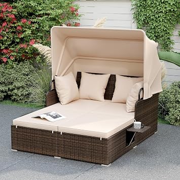 RELAX4LIFE Patio Outdoor Daybed with Canopy, Wicker Rattan Sunbed w/Cushions, 4 Pillows & 2 Retractable Side Trays, 2-Person Lounge Bed Conversation for Poolside Porch Garden Mix Brown-Beige