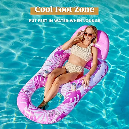 Miniatura 4 de Sloosh Flotadores inflables para piscina, tumbona para adultos, flotador de piscina flotante, silla reclinable flotante con portavasos y reposapiés