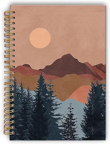 Cuaderno abstracto bohemio con espiral de sol y montaña, cubierta dura laminada, con rayas universitarias de 5.5 x 8.3 pulgadas, suministro de