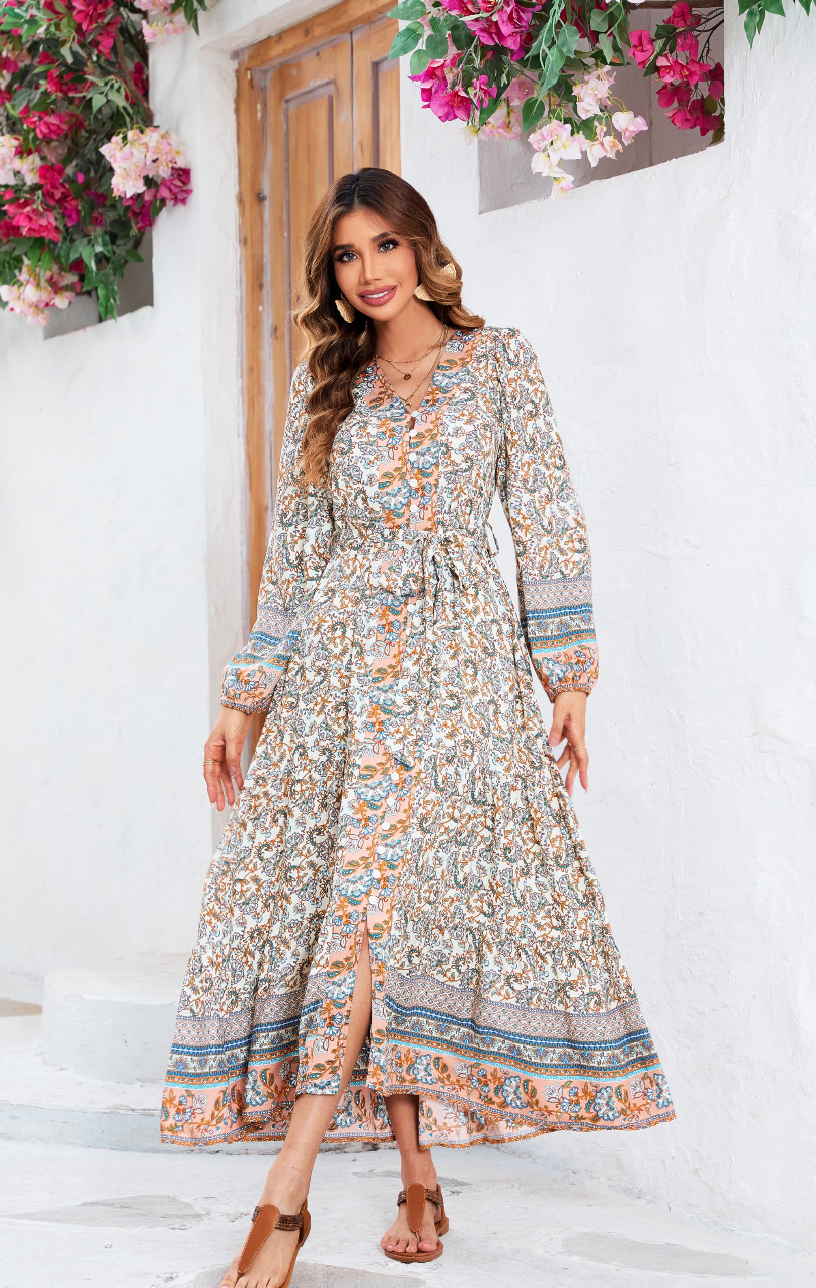 R.Vivimos Damen Boho Langarm V-Ausschnitt Blumen Midi Kleid Button Down Cardigan Lässig Rüschen Midi Kleider Mit Gürtel