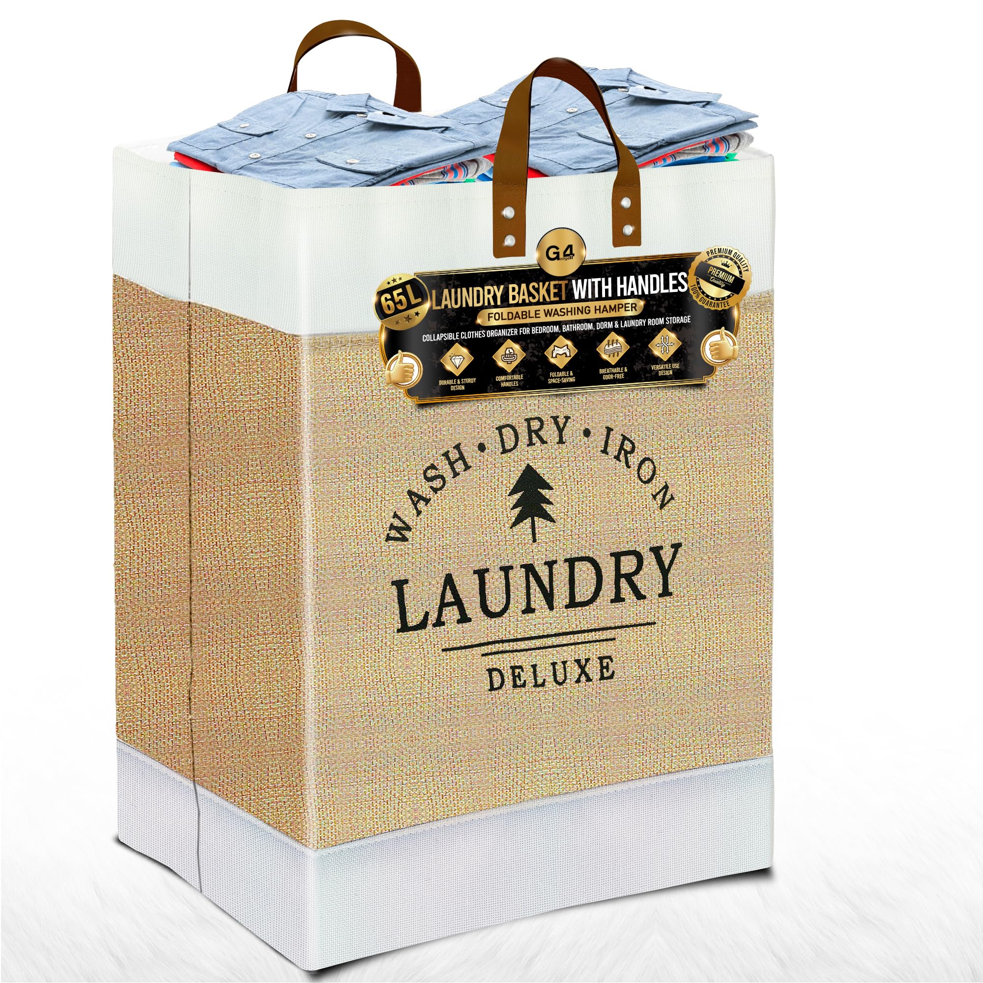 G4GADGET Laundry Basket with Handles, 65L Large Foldable Washing Hamper, Collapsible Dirty Clothes Storage Bin for Bedroom, Bathroom, Dorm & Living Room