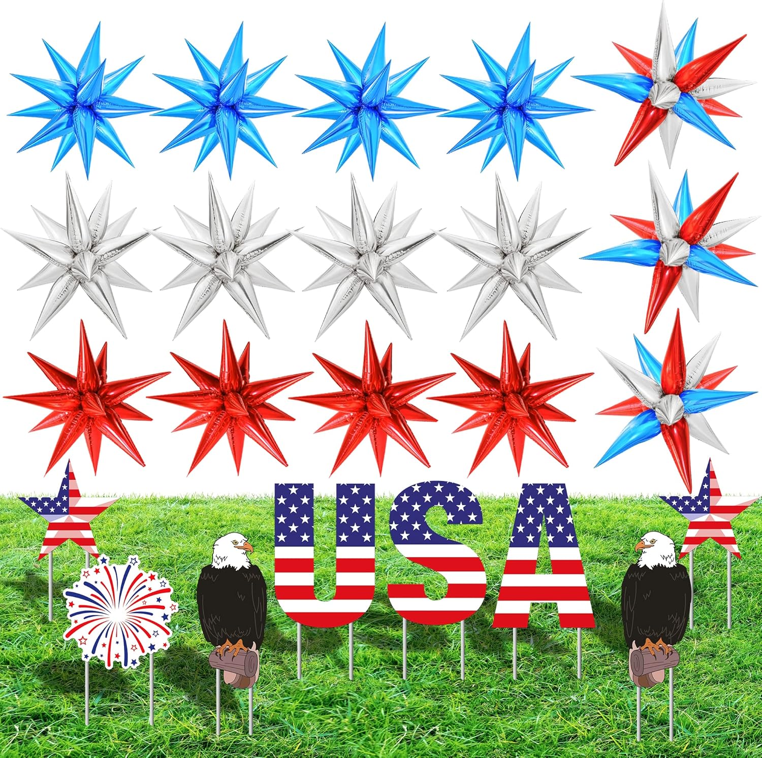4th of July Yard Signs with Stakes - Pack of 8 | Silver Blue and Red Star Balloons for 4th of July Party Decorations | Star Foil Balloons for Independence Day Decorations | Fourth of July Yard Signs