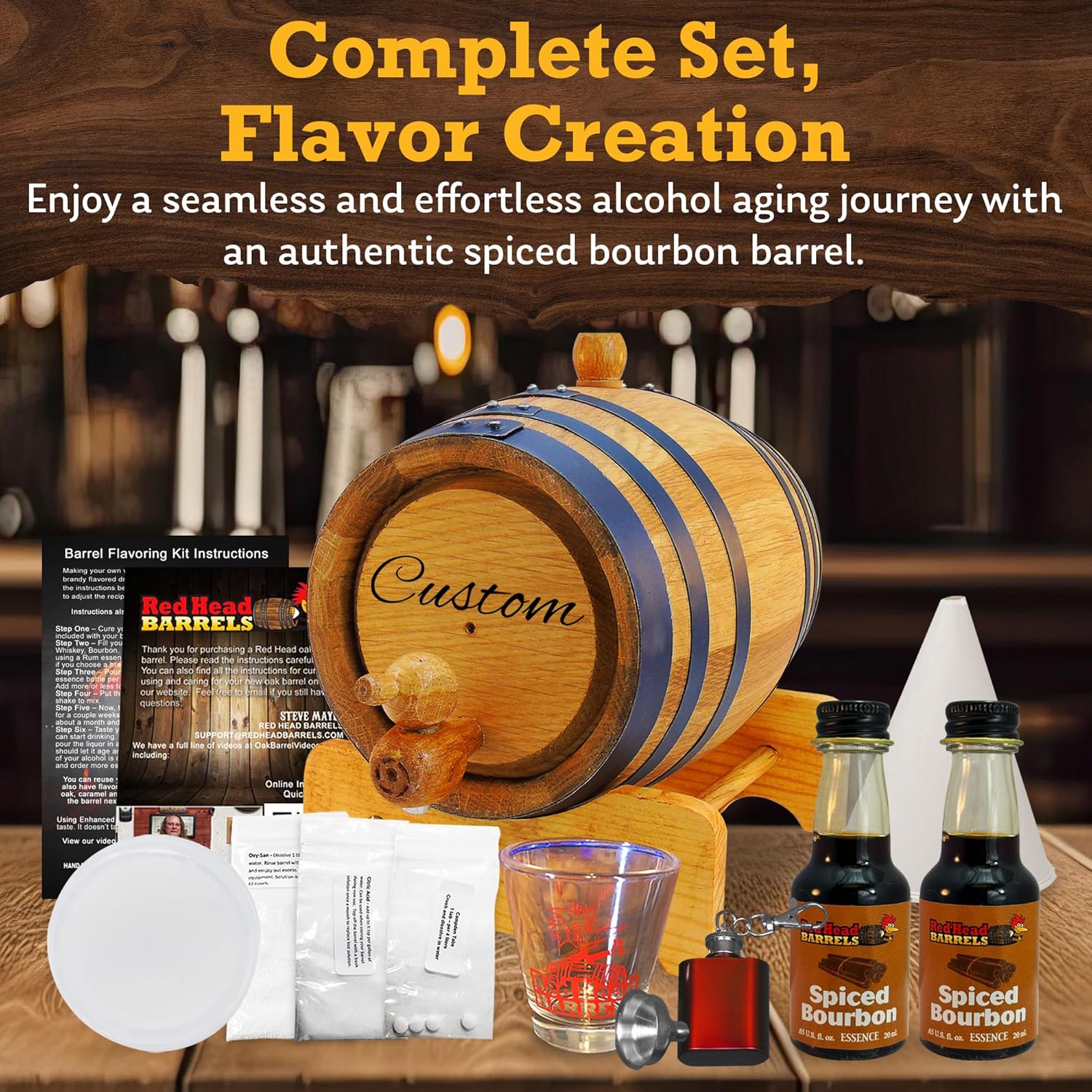 Red Head Barrels - 2 Liter Custom Engraved American White Oak Aging Barrel with Flavoring Gift Set, Free Shot Glass, Premium White Oak Wood Barrel & Homebrew Kit (Spiced Bourbon)