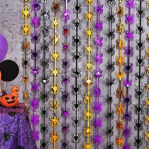 Miniatura 4 de Decoraciones de fiesta de Halloween, paquete de 2 cortinas de flecos de papel de aluminio de oropel de araña naranja, morado y negro, para cabina de