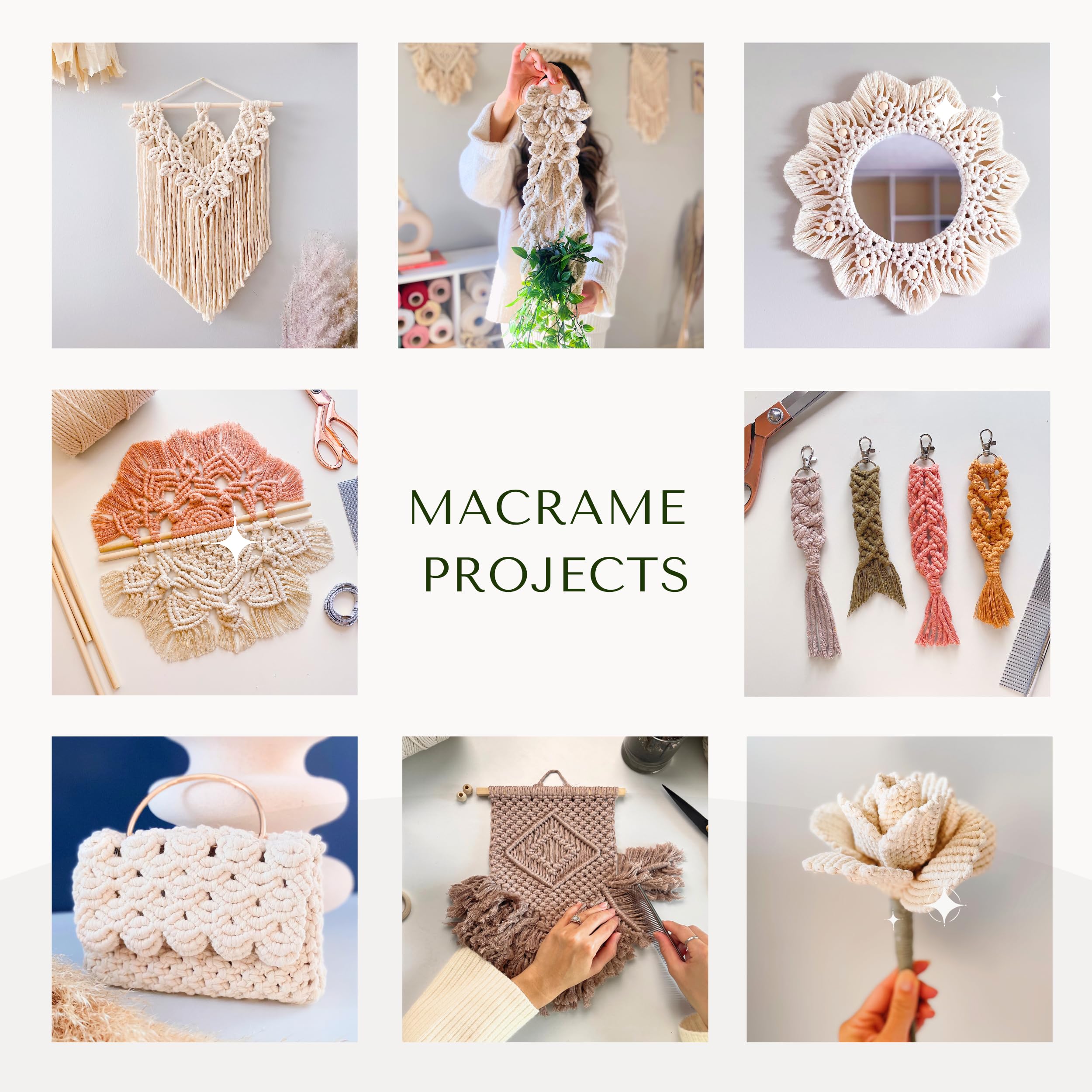 BOCHIKNOT Cuerda de macramé de 3 mm en rollo jumbo, 650 yardas, cuerda de algodón para macramé, hilo de 3 mm, cuerda de algodón para anudar, ganchos de plantas (color, natural y dorado)