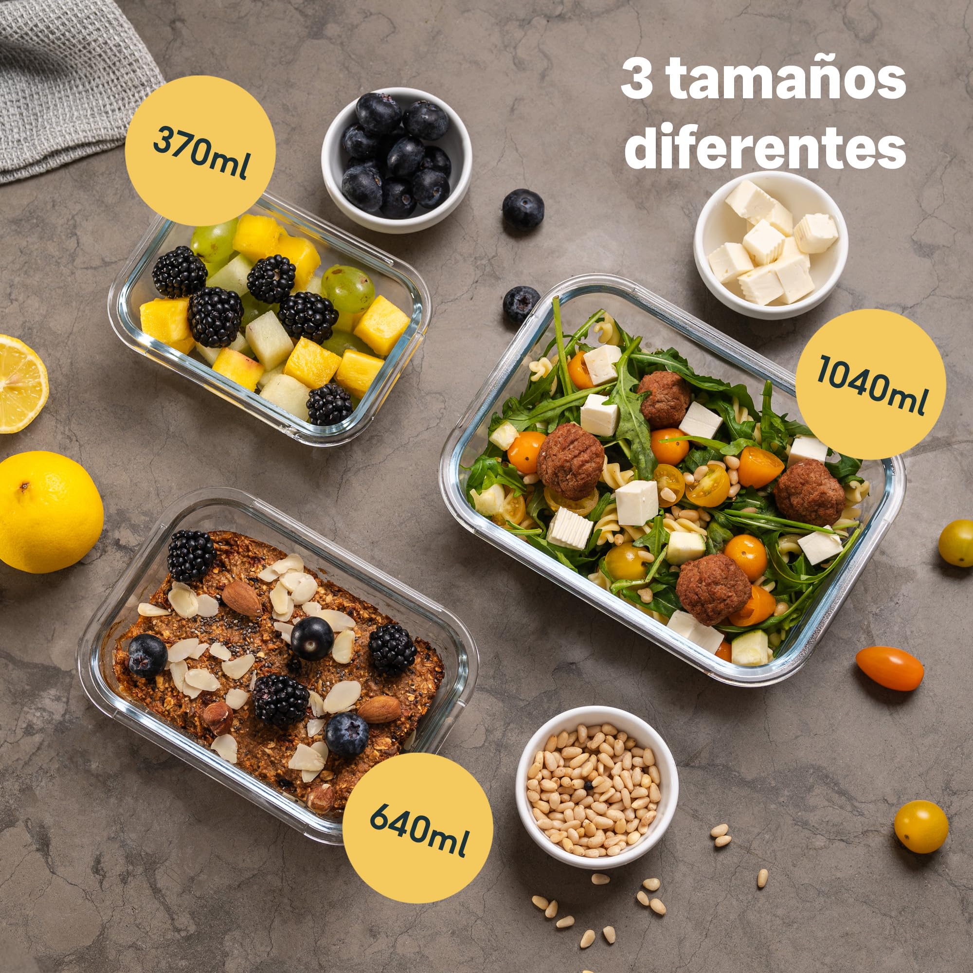 SILBERTHAL Set 3 fiambreras cristal herméticas - 370/640/1040ml microondas | Recipientes de cristal con tapa de Acero inoxidable - 370ml, 640ml y 1040ml - Vidrio DE borosilicato