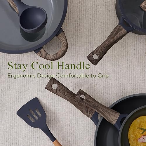 Miniatura 8 de Juego de 22 ollas y sartenes antiadherentes, no tóxicos, de cerámica, juego de ollas y sartenes antiadherentes con tapa, granito gris, inducción