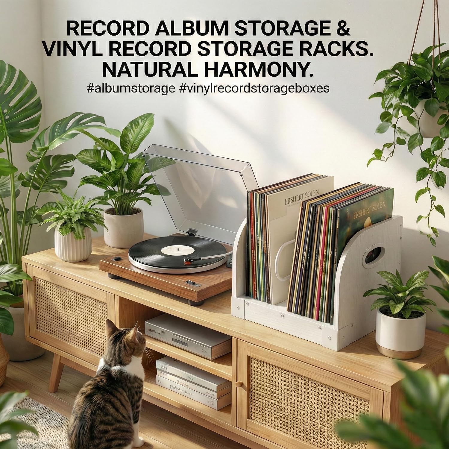 Vinyl Record Storage Rack for 65 LPs, Vinyl Record Album Holder Heavy-Duty Record Storage Shelf with Handles, Record Holder, Multi-Purpose Organizer