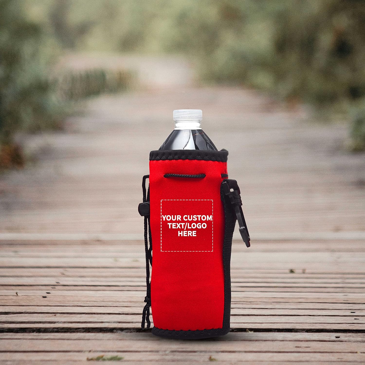 10 Neoprene Water Bottle Drawstring Insulators Pack - Customizable Text, Logo - 12 oz. Longneck, Hook - Red