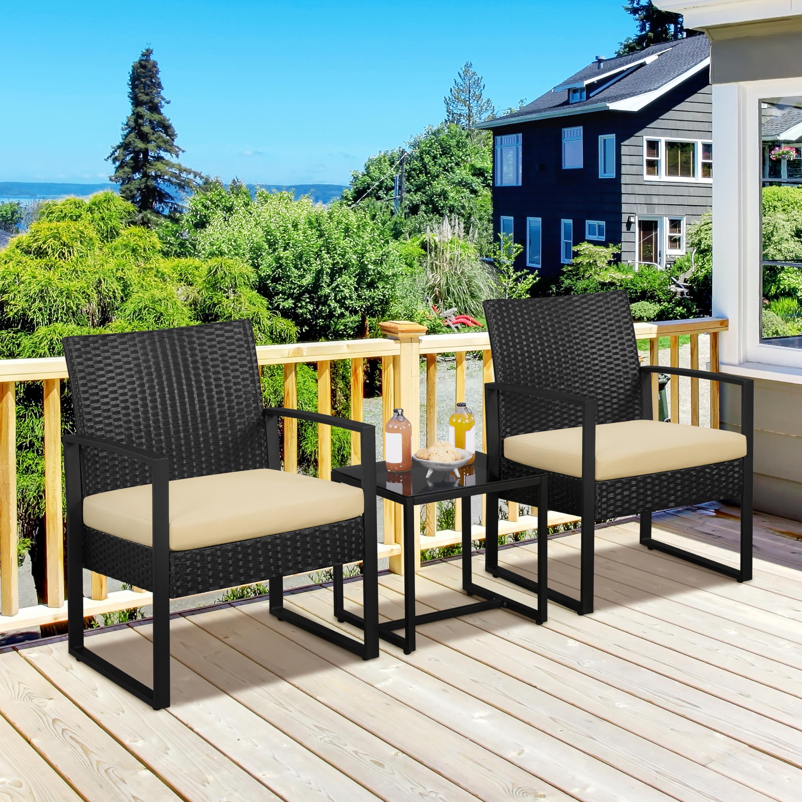 Yaheetech Set Mobili da Giardino in Poly Rattan 2 Sedie e Tavolino con Cuscini