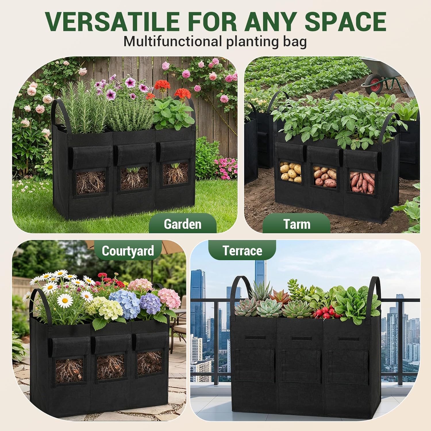 24 Gallon 2 Pack Potato Grow Bags with Visible Harvest Window & Handles, 3-Compartment Nonwoven Fabric Planters Grow Bags for Potatoes, Potato Planter for Growing Tomato, Vegetables, Flower