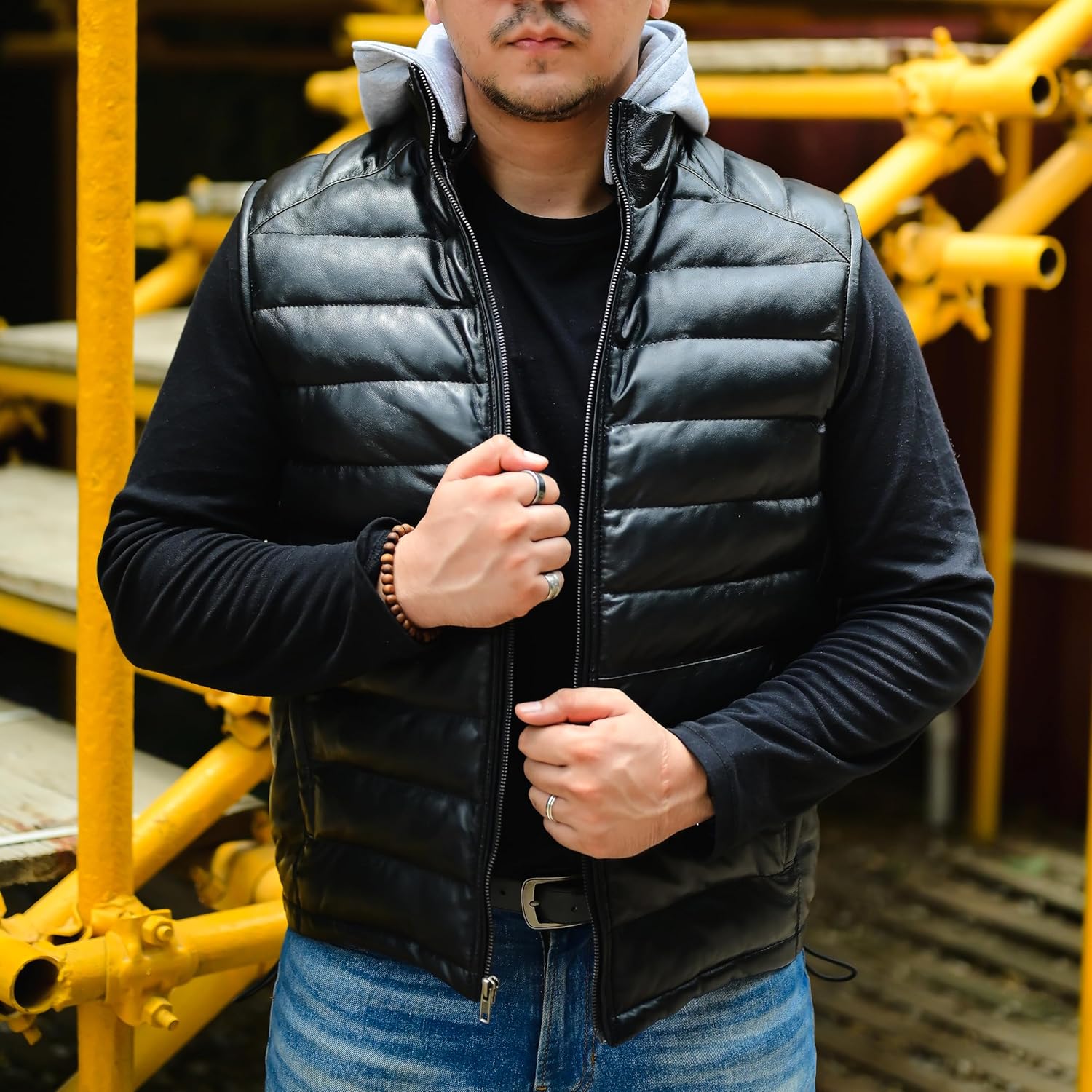 Jild Lambskin Leather Puffer Vest with Removable Hood - Stand Collar Casual Style Sleeveless Leather Jacket Men - Image 4