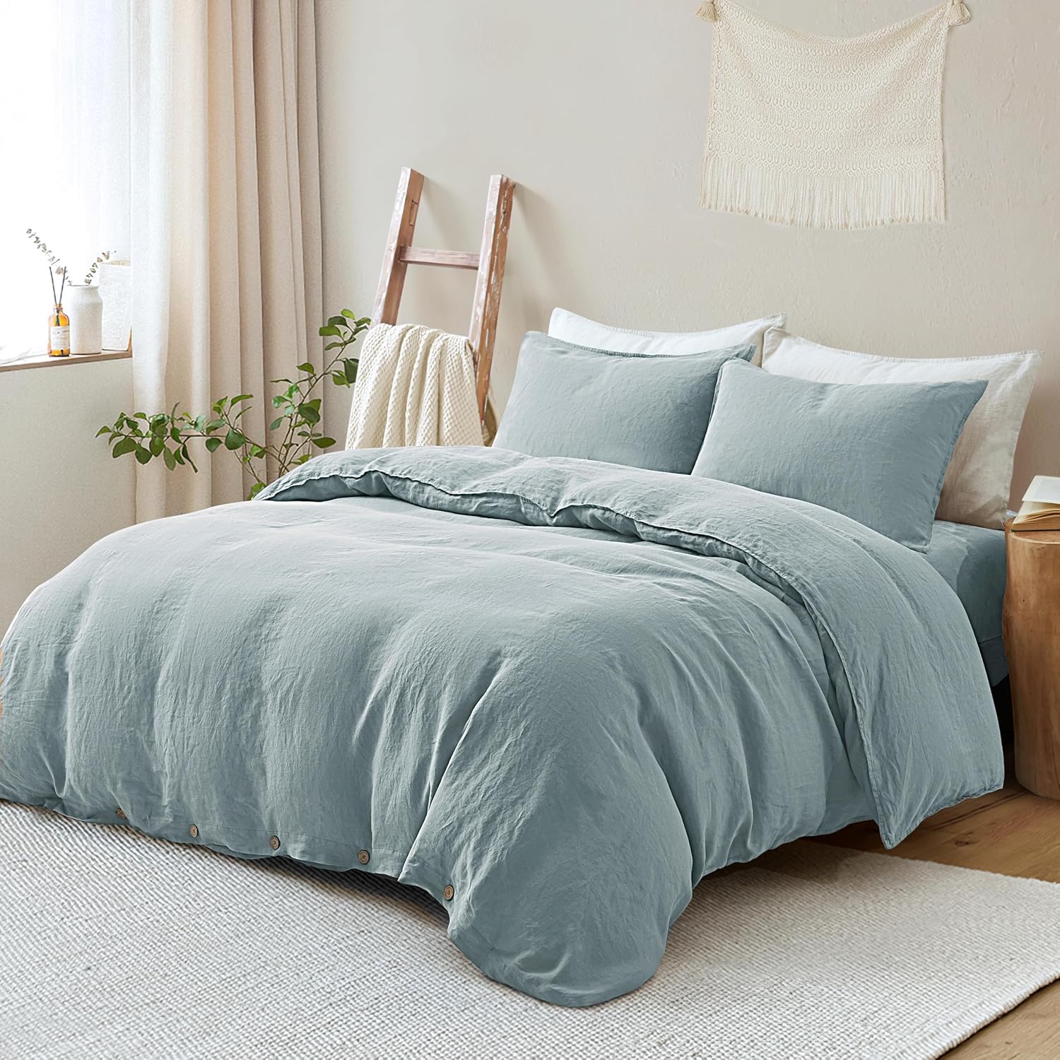 ATLINIA 100% Flax Linen Duvet Cover Set - Stone Washed Pure French Linen Organic Fabric for Farmhouse Comforter Boho Bedding Included 1 Duvet Cover 2 Pillow Shams(Dusty Blue, Queen)