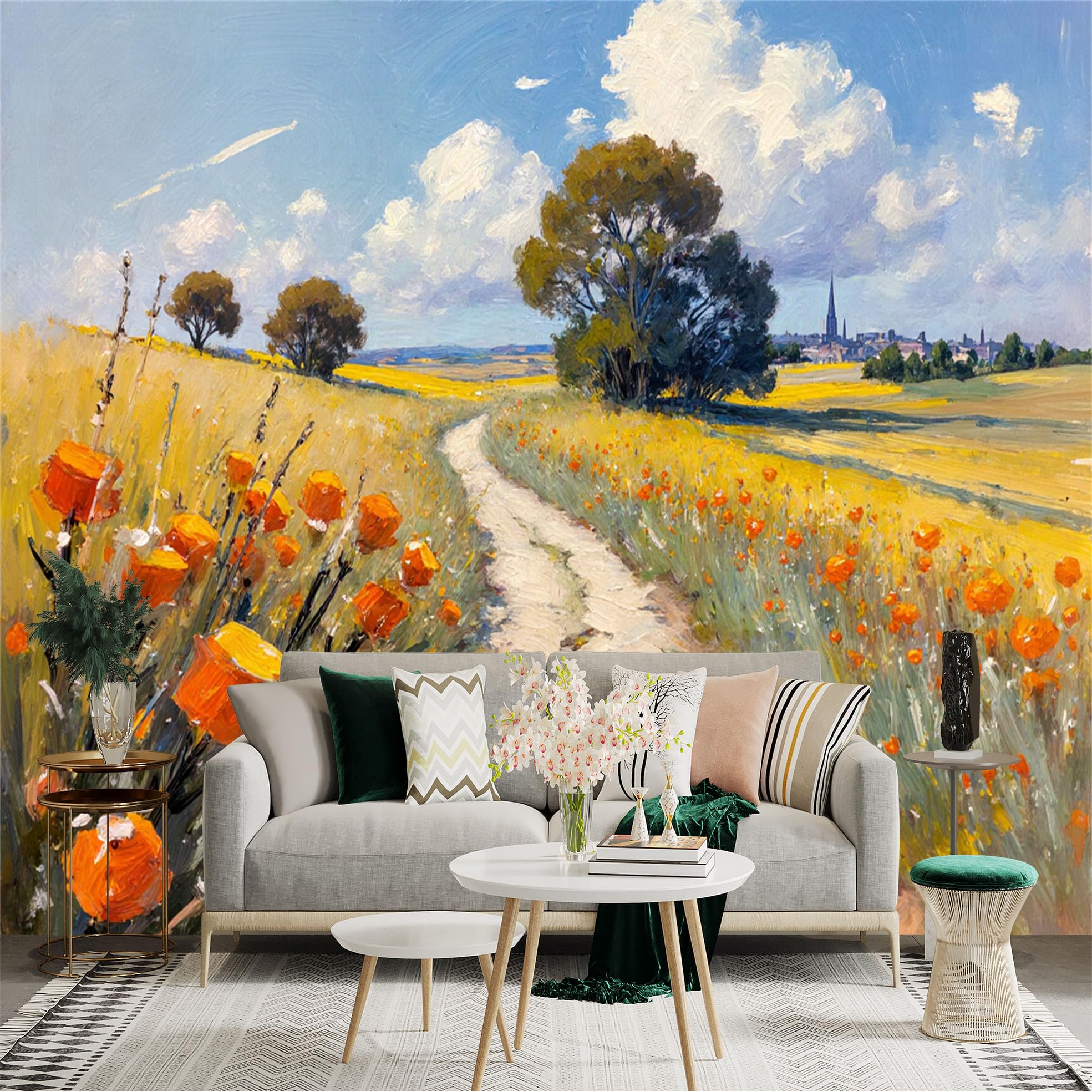 Lnzczhyre Xc260505116 Custom Size Wall Sticker Mural， Impressionist Wheat Field With Orange Flowers， Countryside Path， Summer Landscape， For Wall Decoration， Peelandstick Wall Decals.