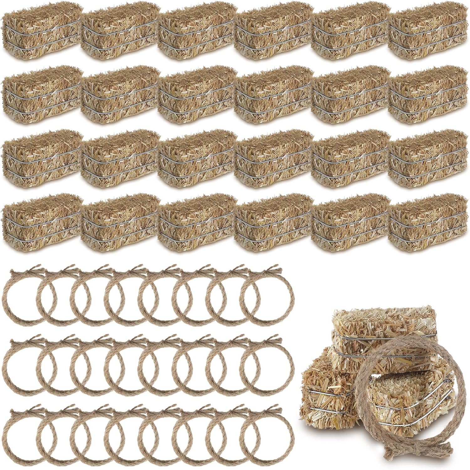 48 Pcs Western Themed Party Decorations Mini Decorative Hay Bales with Twisted Hemp Rope for Cowboy Table Centerpieces Horse Rodeo Fall Harvest Craft, 1.2 x 2.6 x 1.2 Inch Each