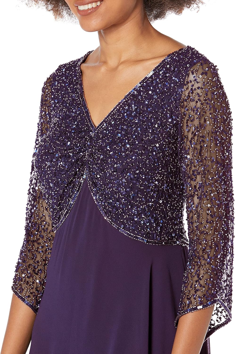 J Kara Women's Plus Size 3/4 Sleeve V-Neck Beaded Top Long Gown - Image 3