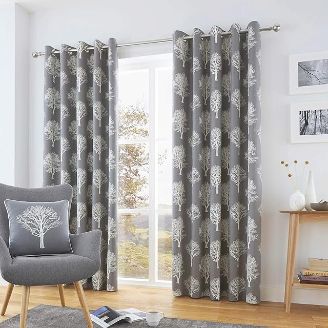 Fusion - Woodland Trees - 100% Cotton Pair of Eyelet Curtains - 90" Width x 72" Drop (229 x 183cm) in Charcoal