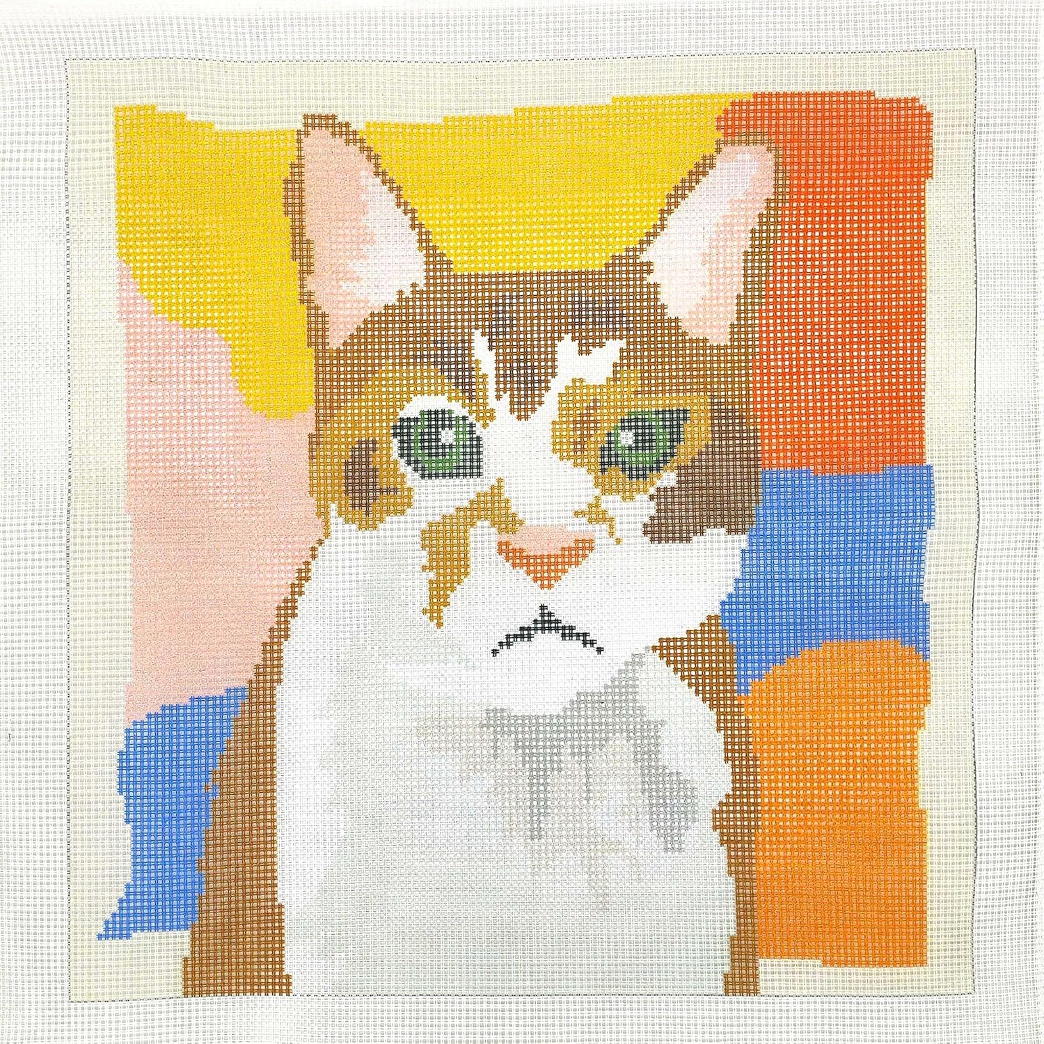 Howie's Needlepoint Needlepoint Kits for Adults, Pillow Front Cross Stitch Kit with Embroidery Pattern on Canvas, Yarn, 2 Needles and Instruction, 16 x 16inch(Cat)