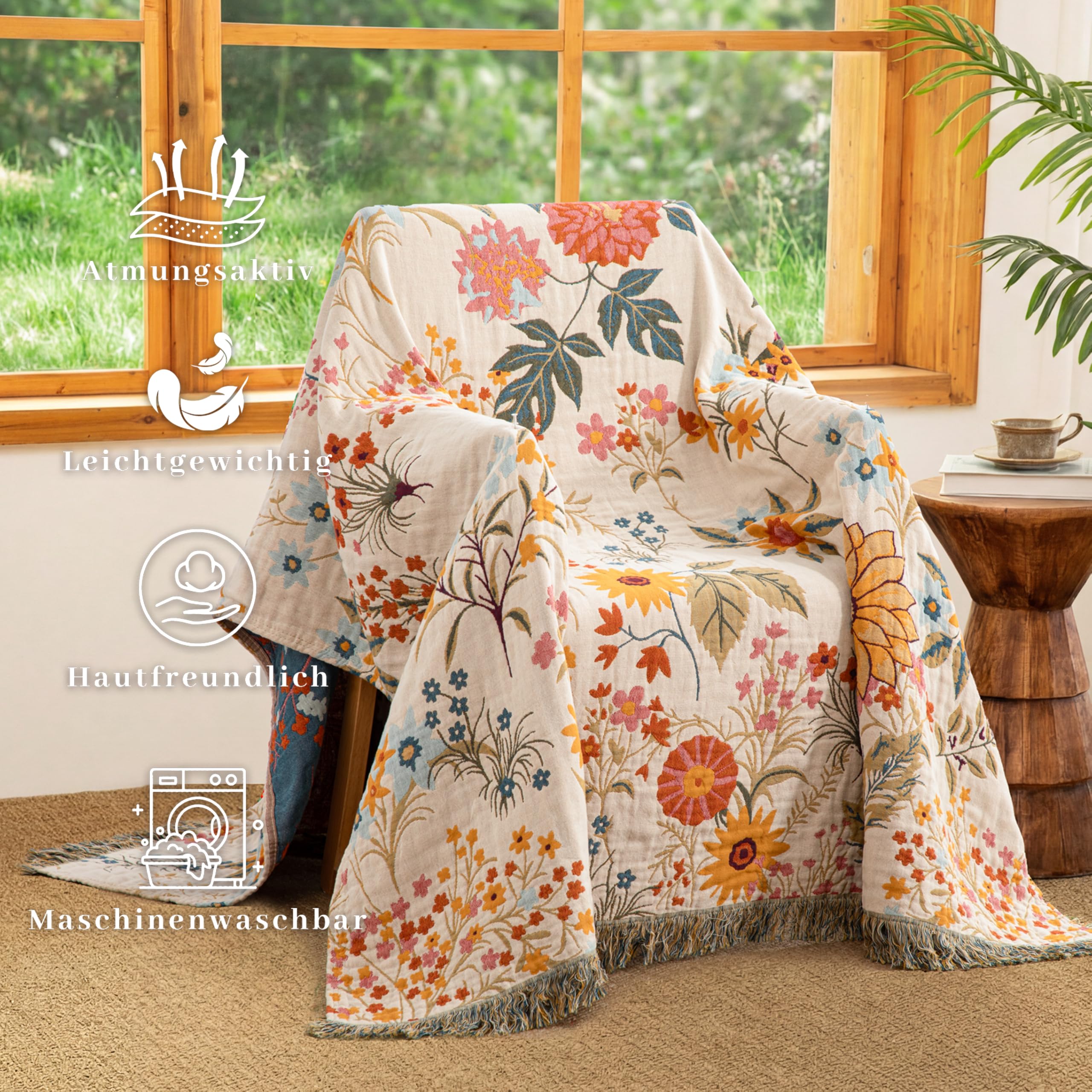 Narzuta w stylu boho z frędzlami, 100% bawełna, dwustronny muślinowy koc 150 x 200 cm, miękki, przytulny koc na sofę, oddychająca, do salonu, sypialni, do użytku przez cały rok