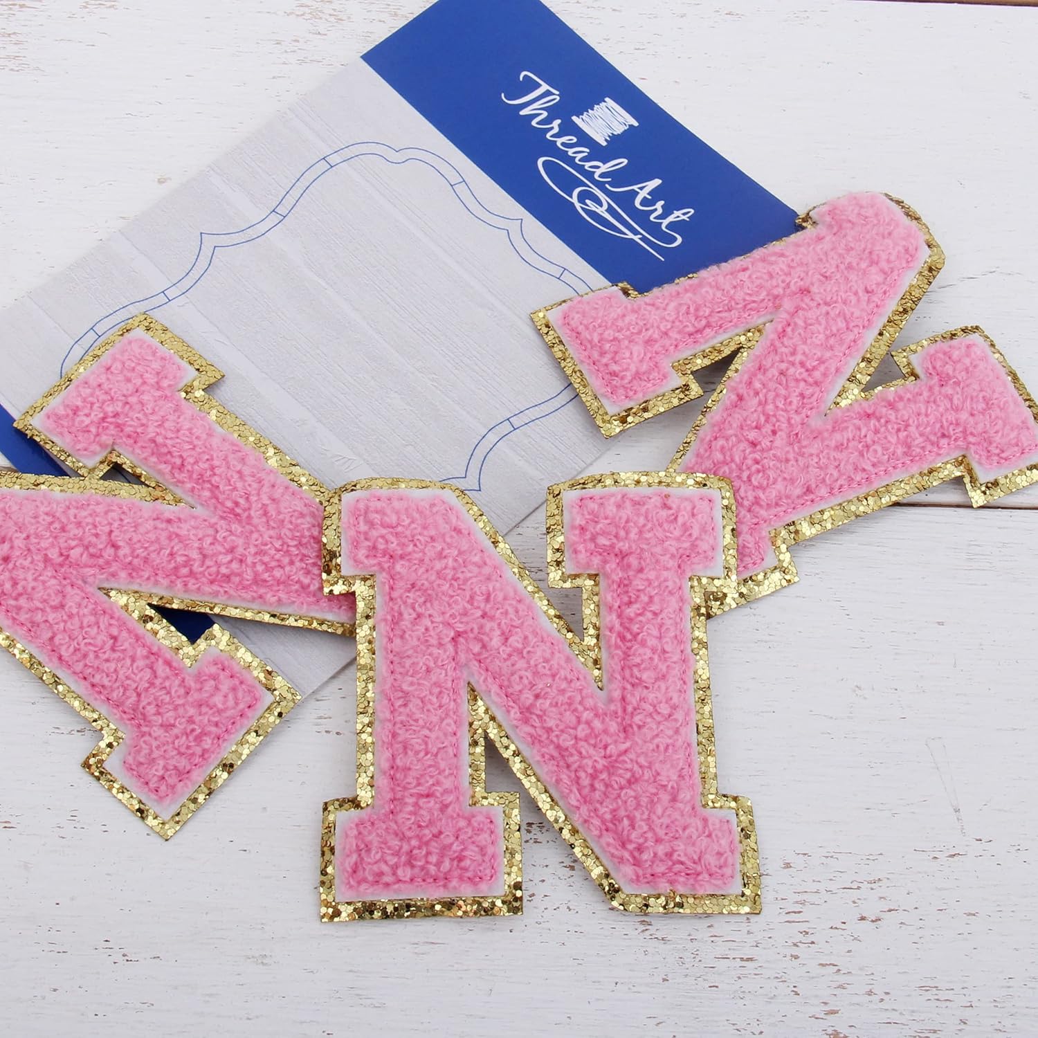 3 Pack Chenille Iron On Glitter Varsity Letter 5cm Tall "N" Patches - Pink Chenille Fabric with Gold Glitter Trim - Sew or Iron on - 5CM PNK N