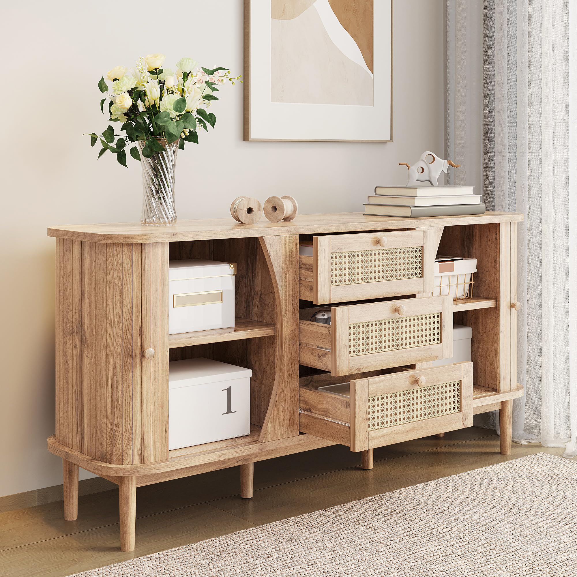 Credenza con 3 cassetti in rattan e ante scorrevoli, ripiani regolabili in altezza e angoli arrotondati, cassettiera per soggiorno, camera da letto e corridoio, grande spazio di archiviazione