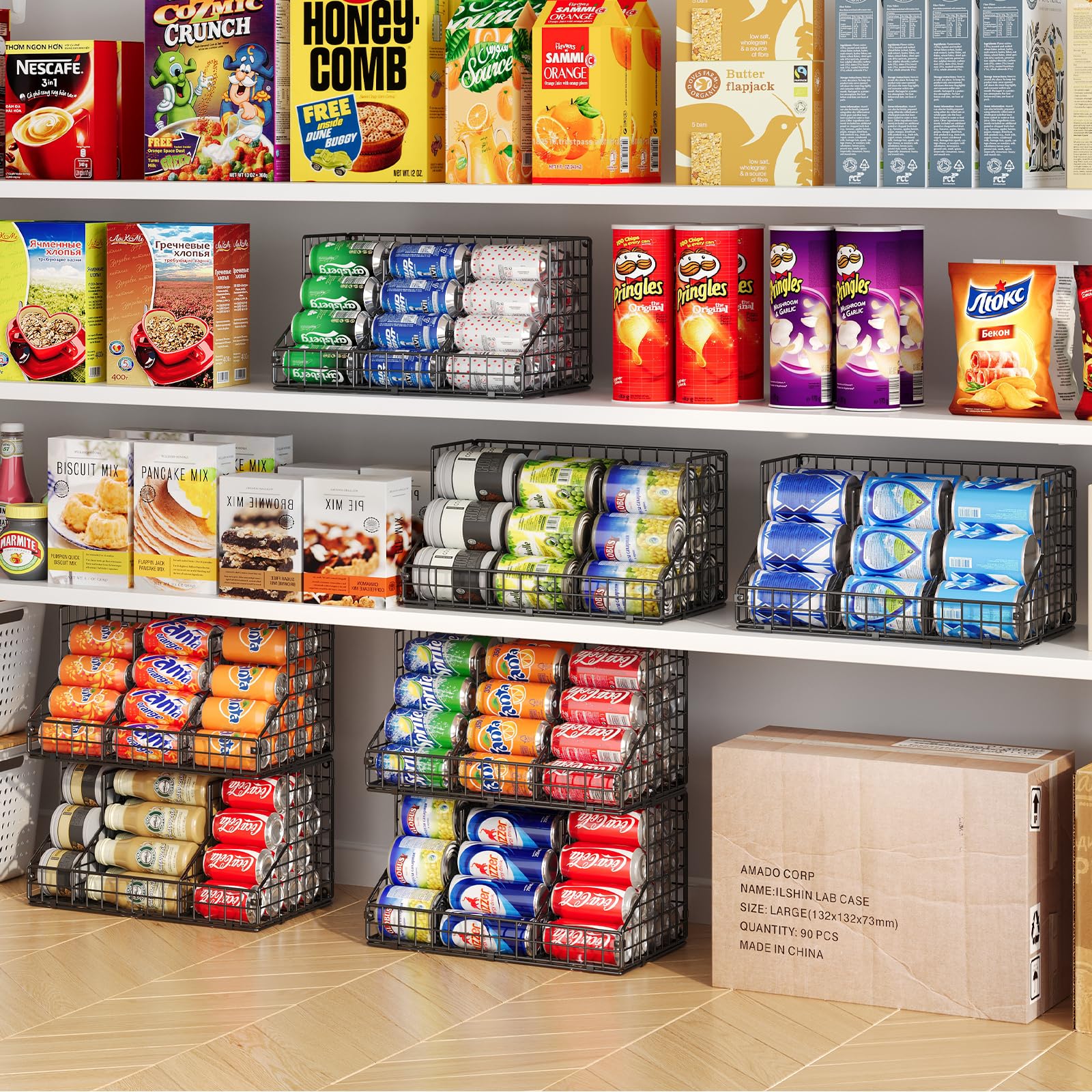 JKsmart Stapelbares Dosenregal für Speisekammer, Dosenspender mit 4 verstellbaren Trennwänden, 2-stöckiger Metalldrahtkorb, Getränke-Pop-Soda-Regal für Küchenschrank, Speisekammer, Schwarz, 2 Stück