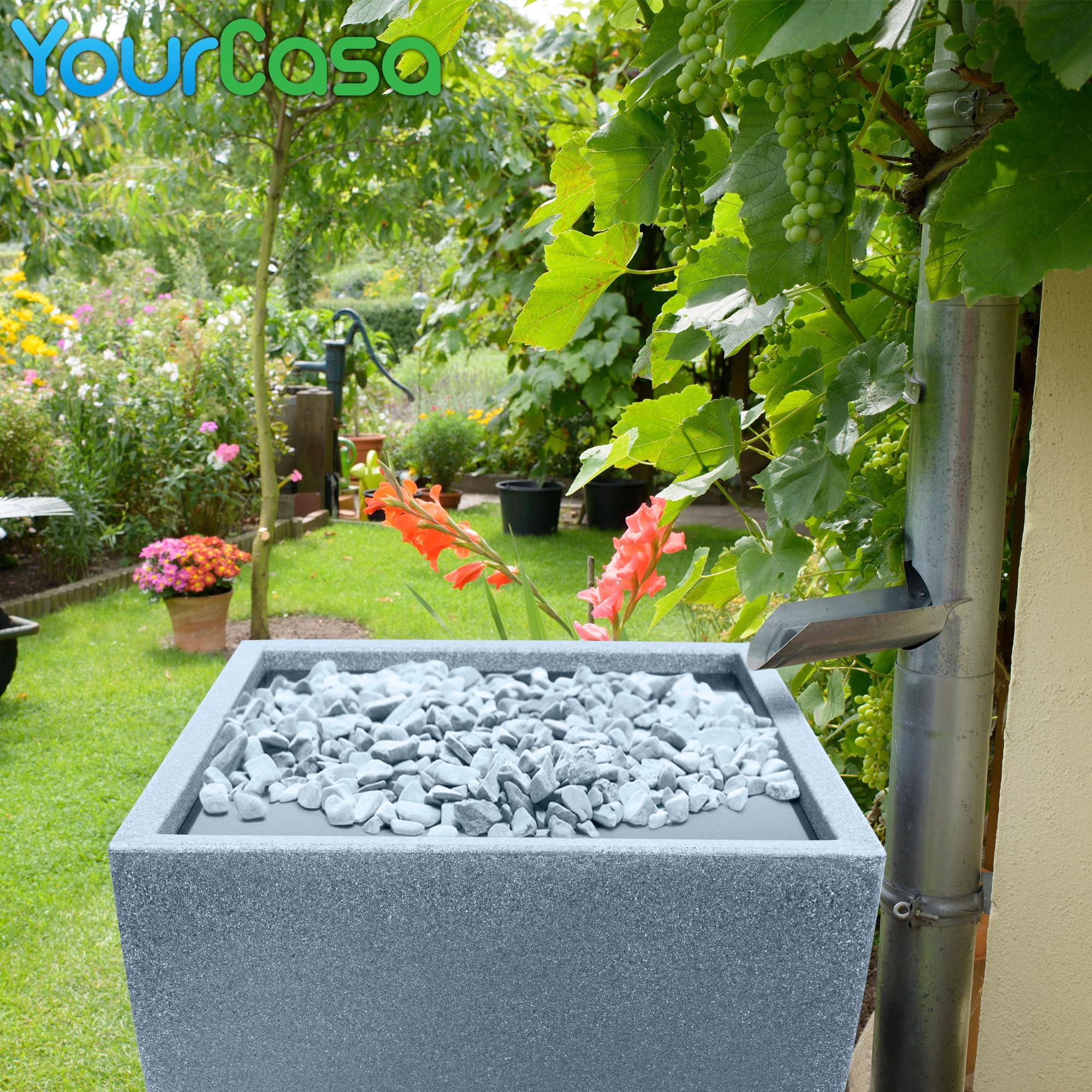 YourCasa Beczka na deszczówkę 100L [PureFlow], beczka na wodę z metalowym gwintem i koszykiem filtracyjnym - beczka na deszczówkę odporna na mróz z tworzywa sztucznego - zbiornik na wodę deszczową