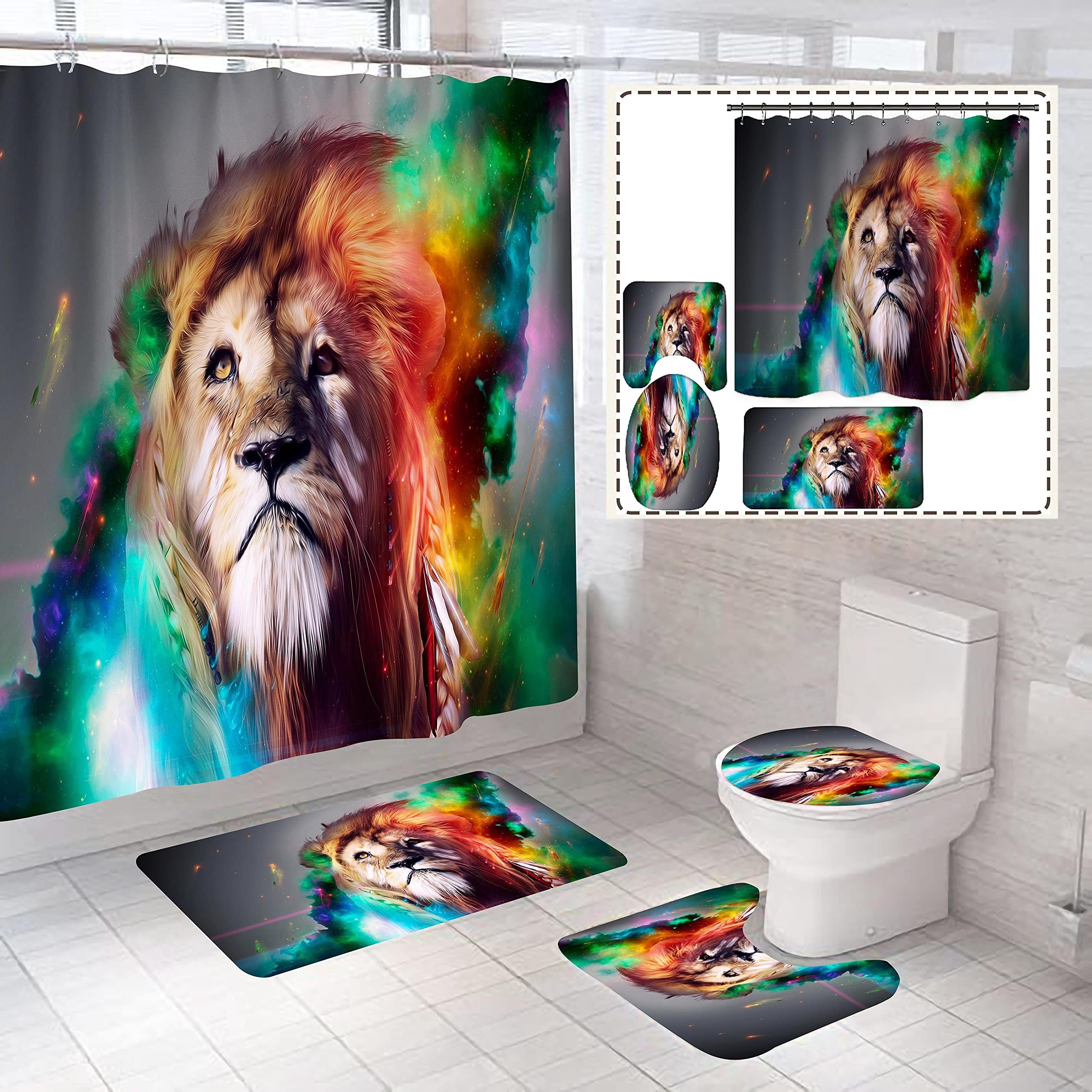4 Piece Unique Colorful Funny King Leo Shower Curtains Set with Non-Slip Rugs, Toilet Lid Cover and Bath Mat, African Lion Bathroom Shower Curtain Sets with Rugs and Accessories