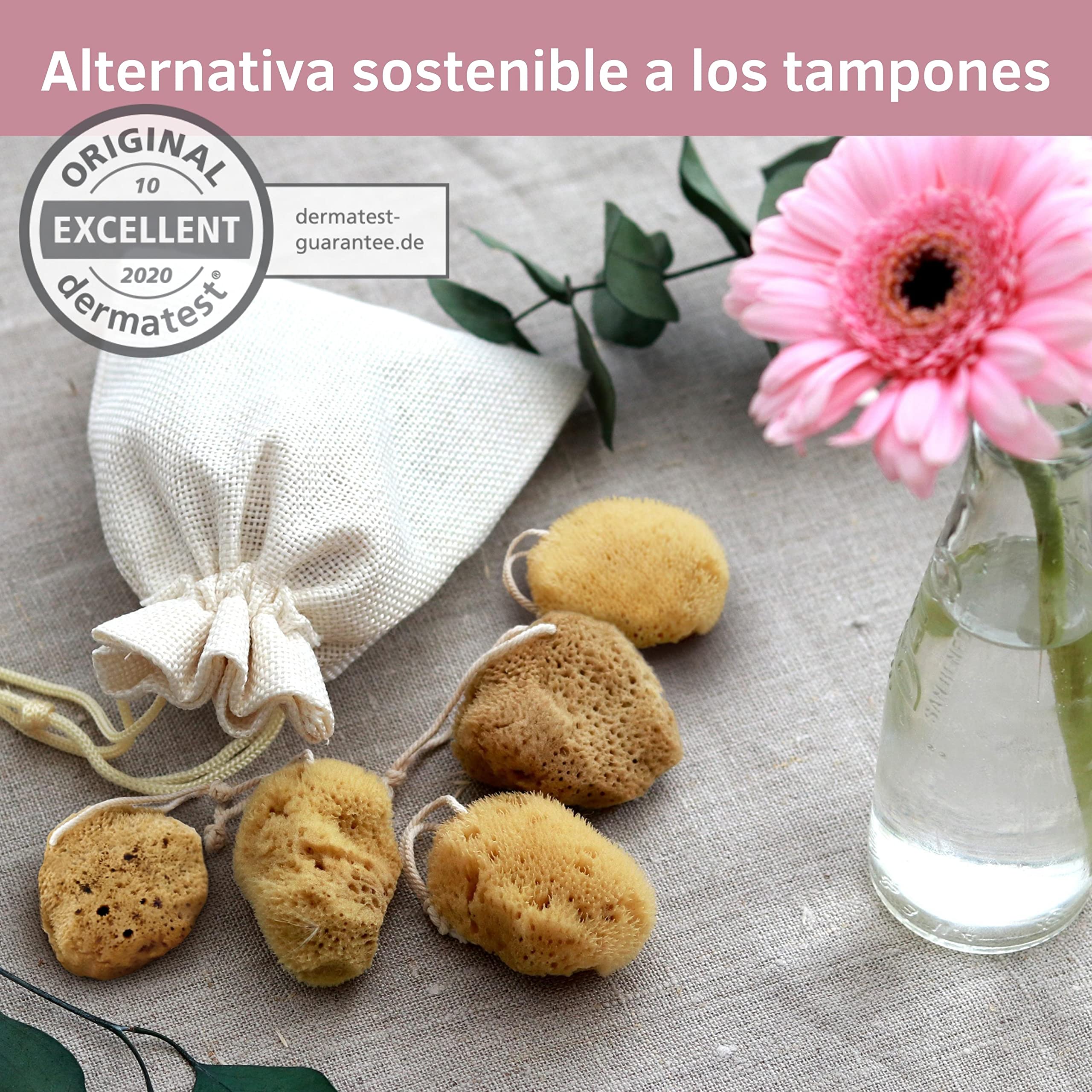 tom&pat® Esponja menstrual natural con hilo • alternativa a tampones • lavable y reutilizable • Dermatest excelente • caja hermética de viaje • calidad mediterránea Grecia (Talla M / 5 x 5-7 cm)