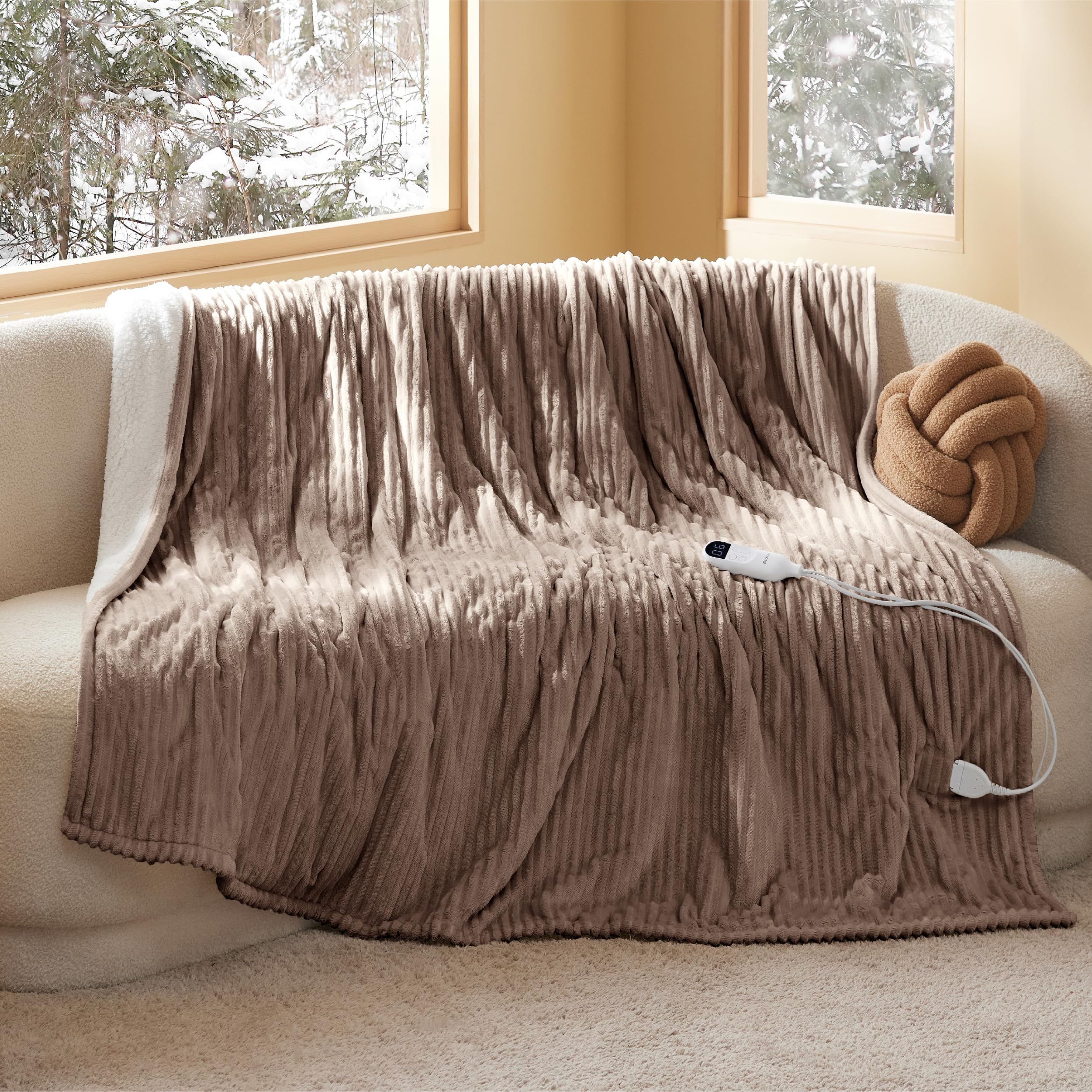 Bedsure - Electric Blanket with Individual Heating, Soft Ribbed Flannel, Fast Heating Electric Blanket with 6 Heating Levels & 10 Time Settings, 8 Hours Auto Off (62"x84", Coffee)