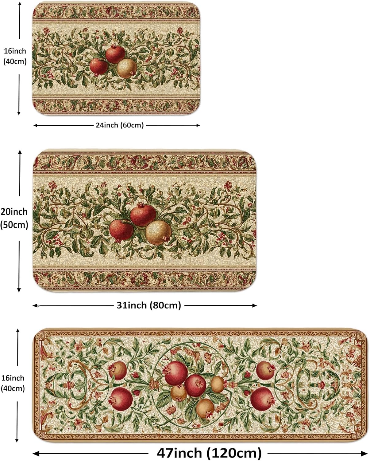 Fruit-Themed Kitchen Mats for Floor, Vintage Decorative Cushioned Soft Rugs, Non Slip Comfort Mats for Kitchen Sinks Laundry Room Bathroom 3Pcs