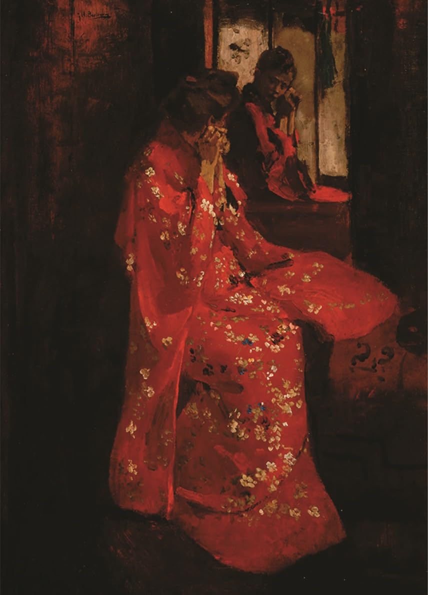 Papier de riz Fille en Kimono rouge art du découpage sur bois