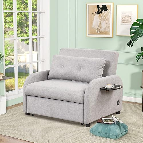 Miniatura 3 de P PURLOVE Moderno sofá cama extraíble con 2 bolsillos laterales para mesa de ala y carga USB, sofá biplaza de 41.5 pulgadas con respaldo ajustable