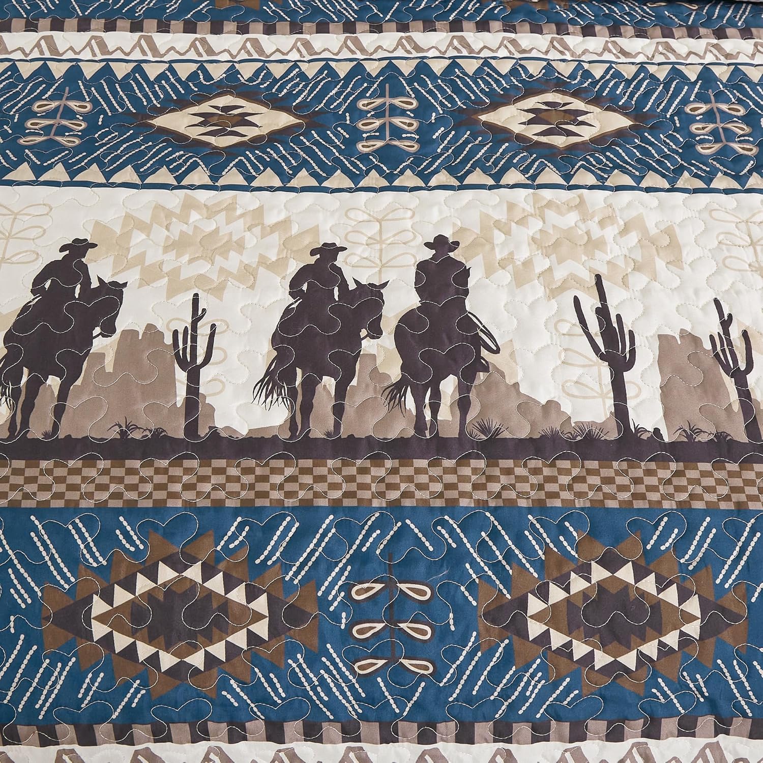 WPM WORLD PRODUCTS MART Western Beige/Navy Blue Cowboy Desert Southwestern Print Bedspread 3 Piece west Theme Cabin Lodge Ranch Design Coverlet Quilt Set-Kadence 22366 (Navy, Queen) - Image 5