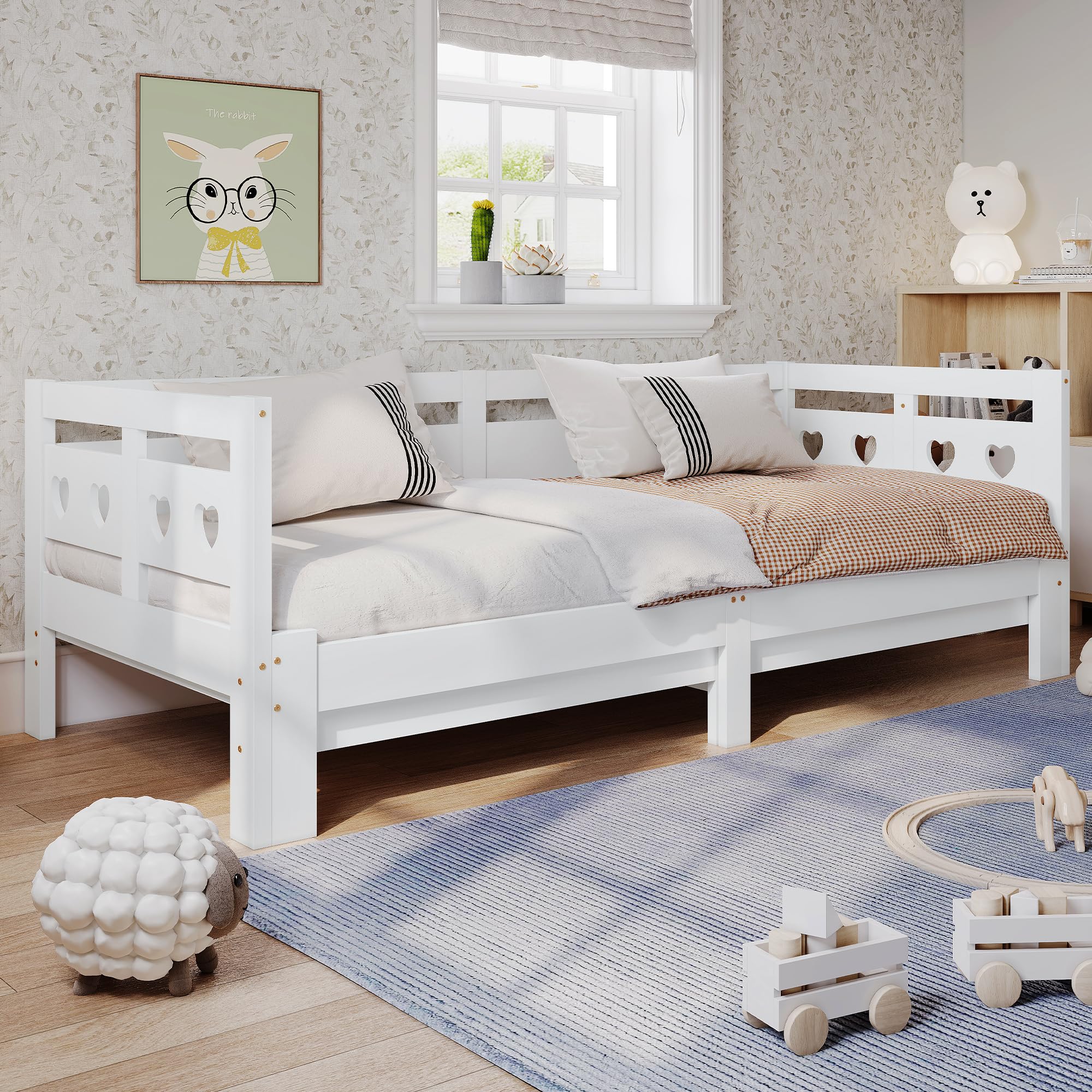 Letto allungabile, in pino massiccio, con 2° posti letto e rete a forma di cuore, bianco, letto diurno (90 x 200 cm)