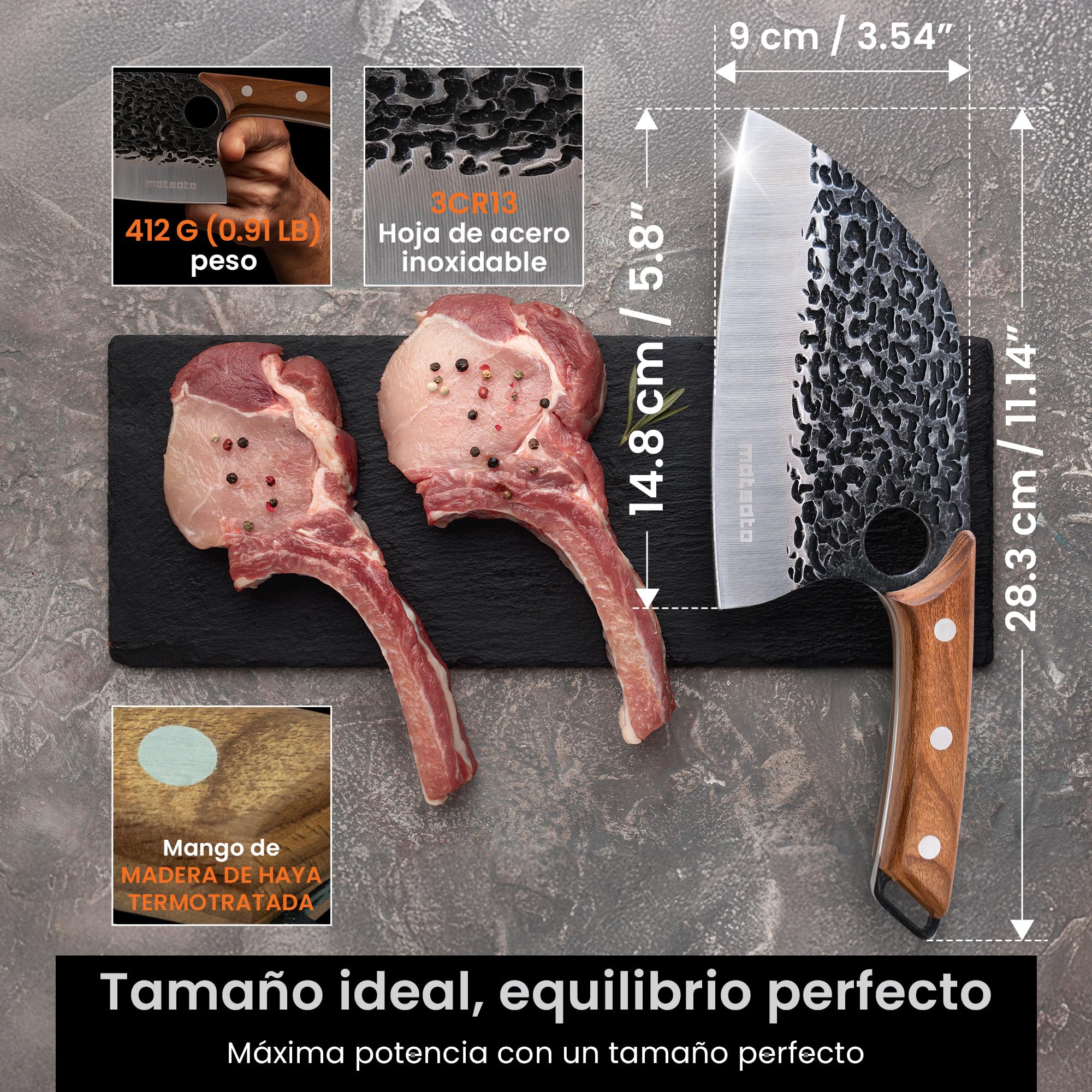 Matsato Juego 3 Cuchillos de Cocina Profesionales Mango Madera | Cuchillo chef, cuchillo para carne y cuchillo universal. Mango ergonómico de madera.