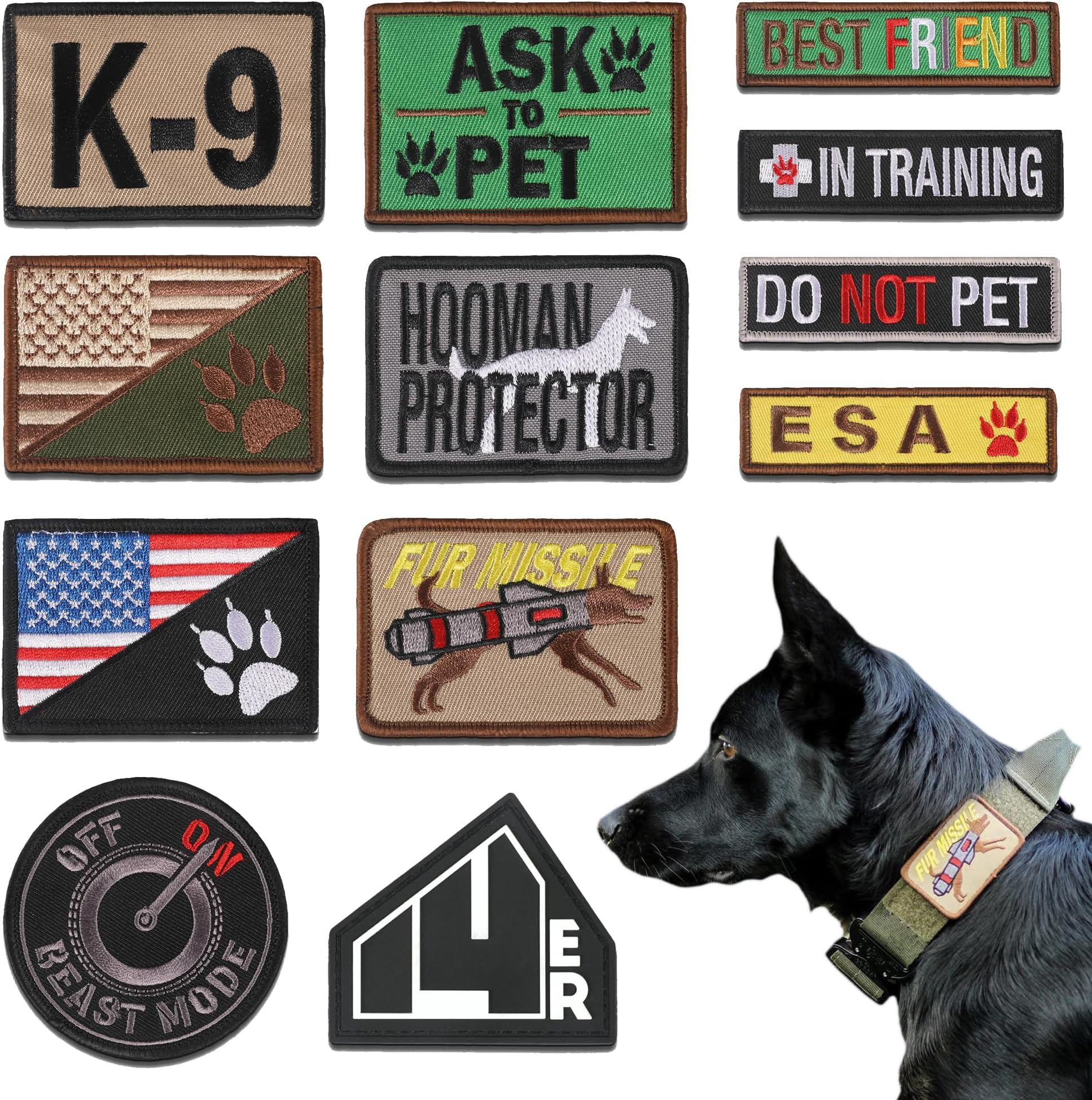 K9 Dog Patches for Harness | ESA, Ask to Pet, Working Service Dog | Vest Patches Dog Harness Patches and Service Dog in Training Patches (12-Pack)