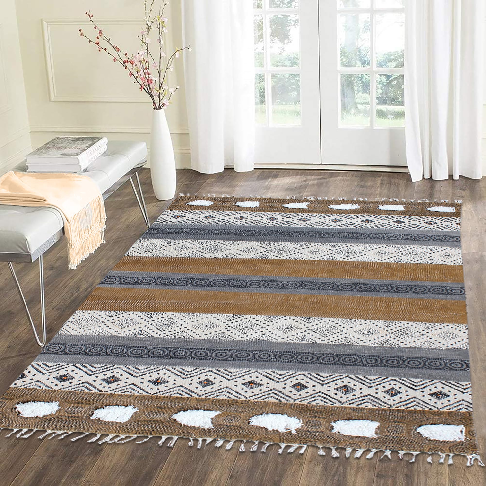 Baumwoll-Läufer, 6,6 x 61 cm, Kelim-Läufer, Handwäsche, Braun / Schwarz, geometrisches Design, handbedruckt, Baumwolle, Dhurrie-Boho-Teppich, 0,5 cm dick, für drinnen und draußen, Flachgewebe, für