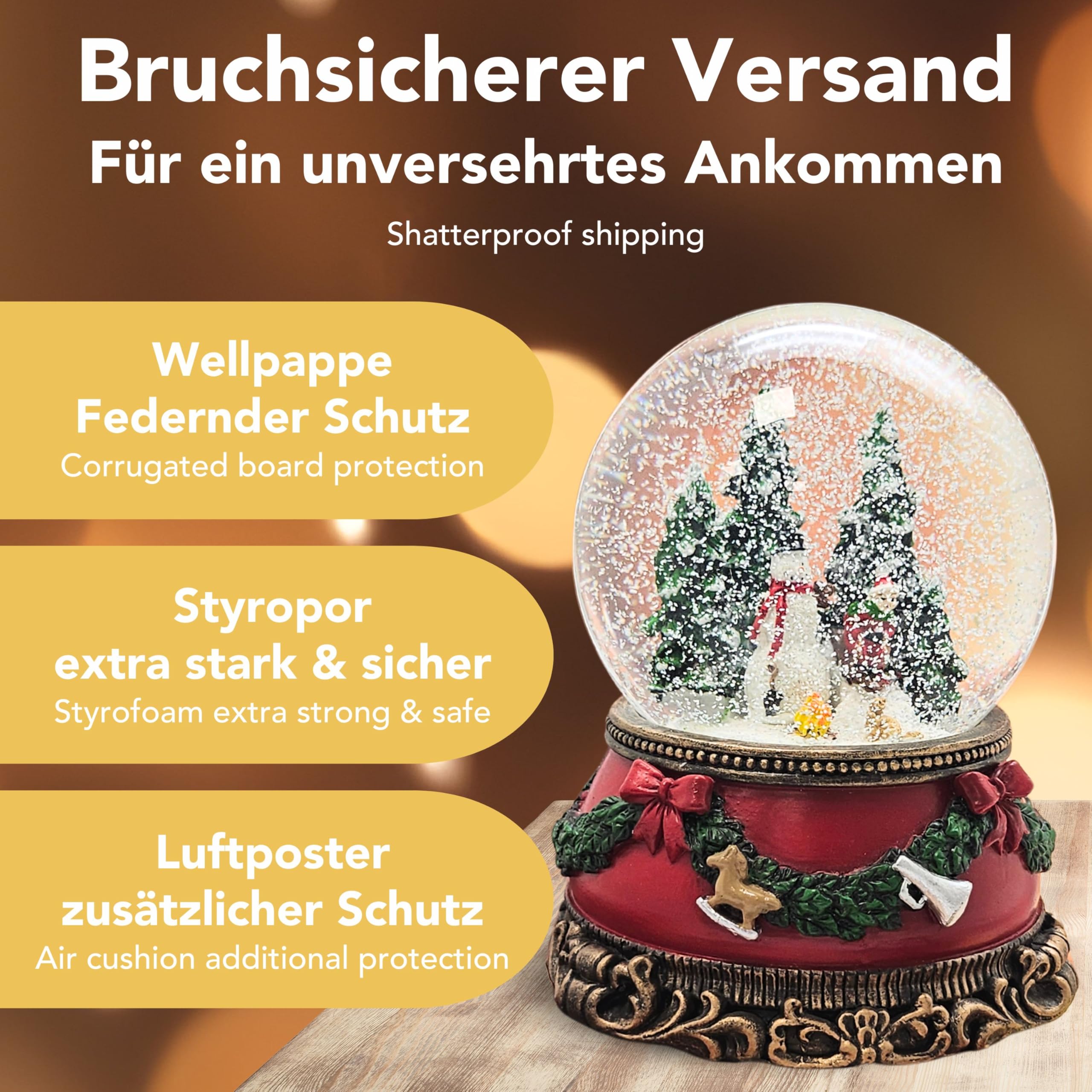 Schneekugel Weihnachten Spieluhr | Schneemann Steht | Sockel Weihnachtsdekor rot | Breite: 100mm, Höhe: 140mm | mit Musik | Weihnachtsdekoration | 20259