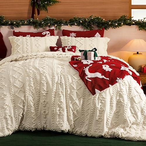 Bedsure Tufted Boho Comforter Set Full Size - Beige Boho Bed Set, GentleSoft™ 3 Pieces Farmhouse Shabby Chic Embroidery Bedding, Gifts for Woman, Soft Jacquard Full Comforter for All Seasons