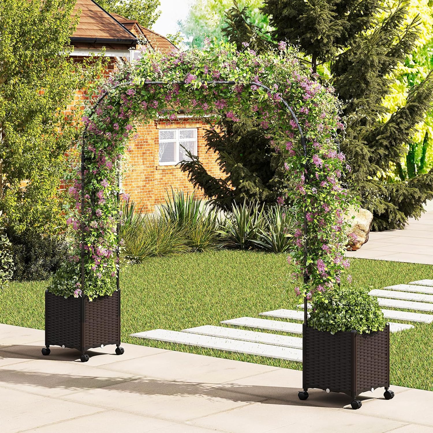 Happygrill 80" Garden Arch Trellis, Metal Archway Pergola with 2 Planter Boxes, Detachable PE-Coated Metal Tubes, Self-Watering System & Lockable Wheels, Outdoor Arbor for Climbing Plants