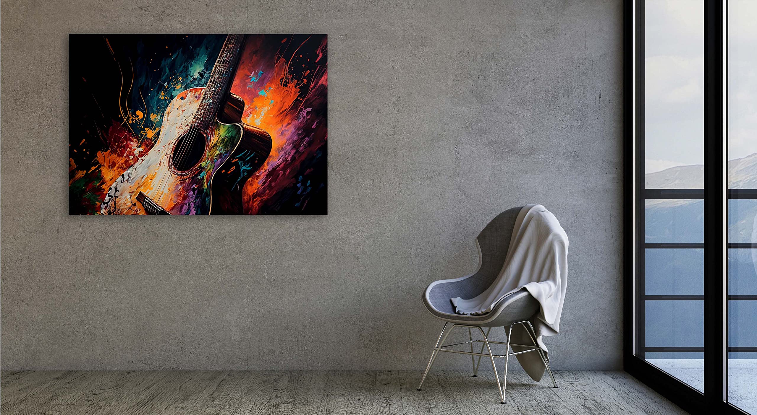 PRINTONIA Quadro su tela 120 x 80 cm chitarra acustica classica corde musica suono concerto astratto colori arte neon graffiti