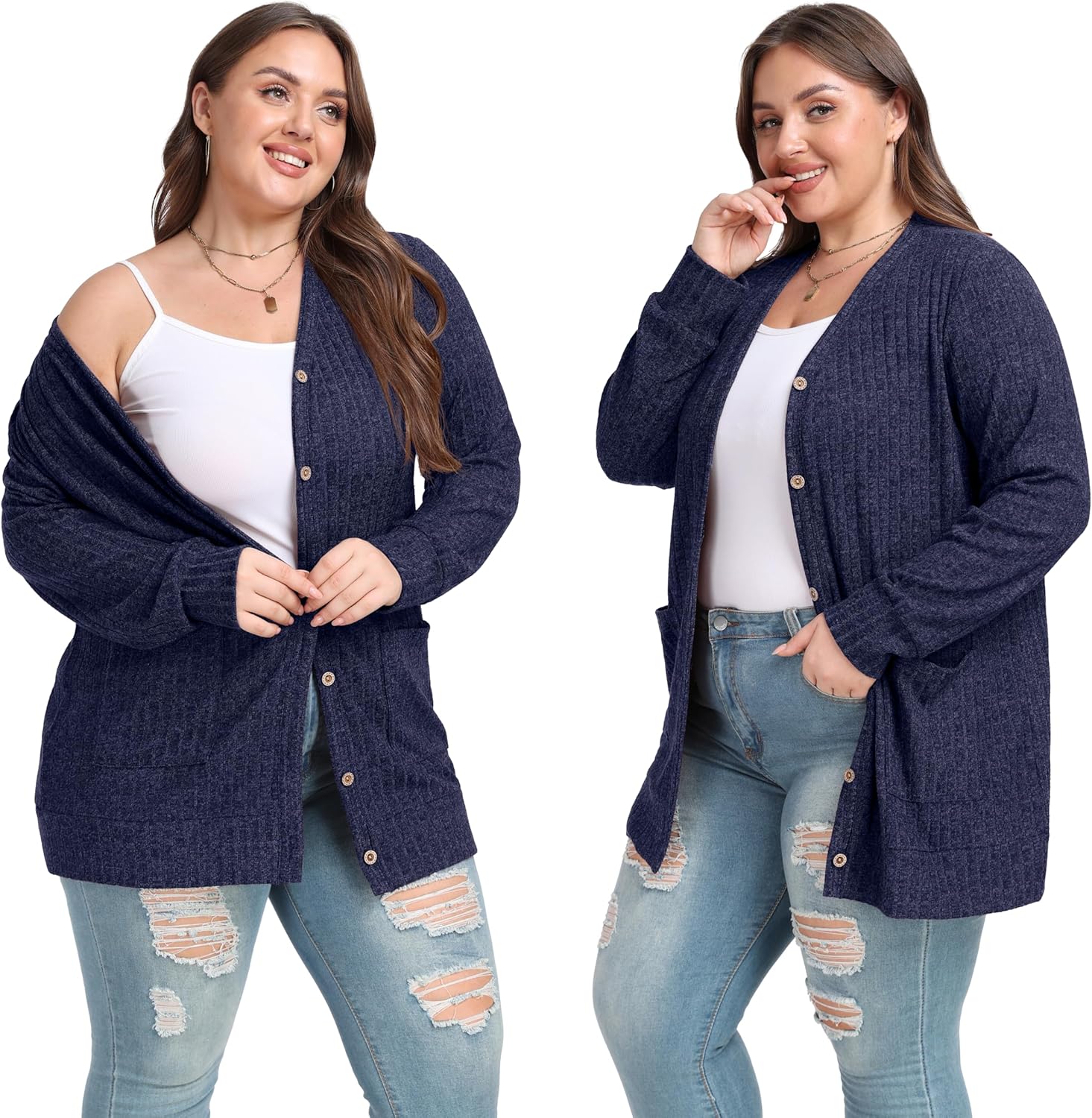 OLRIK Women Plus Size Cardigan Open Front Button Down Sweater Lightweight Jacket with Pockets Fall Winter Outfits - Image 3