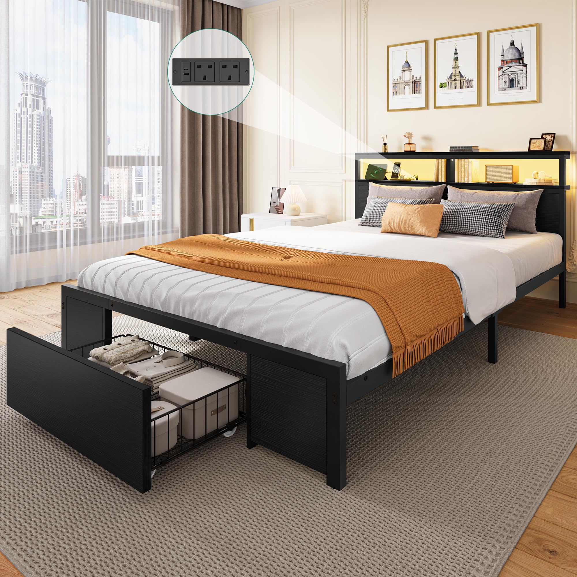 YITAHOME Bed Frame,LED with Headboard,Type-C USB Ports & Charging Outlets,Metal Platform Bed Frame No Box Spring Needed King Size Black