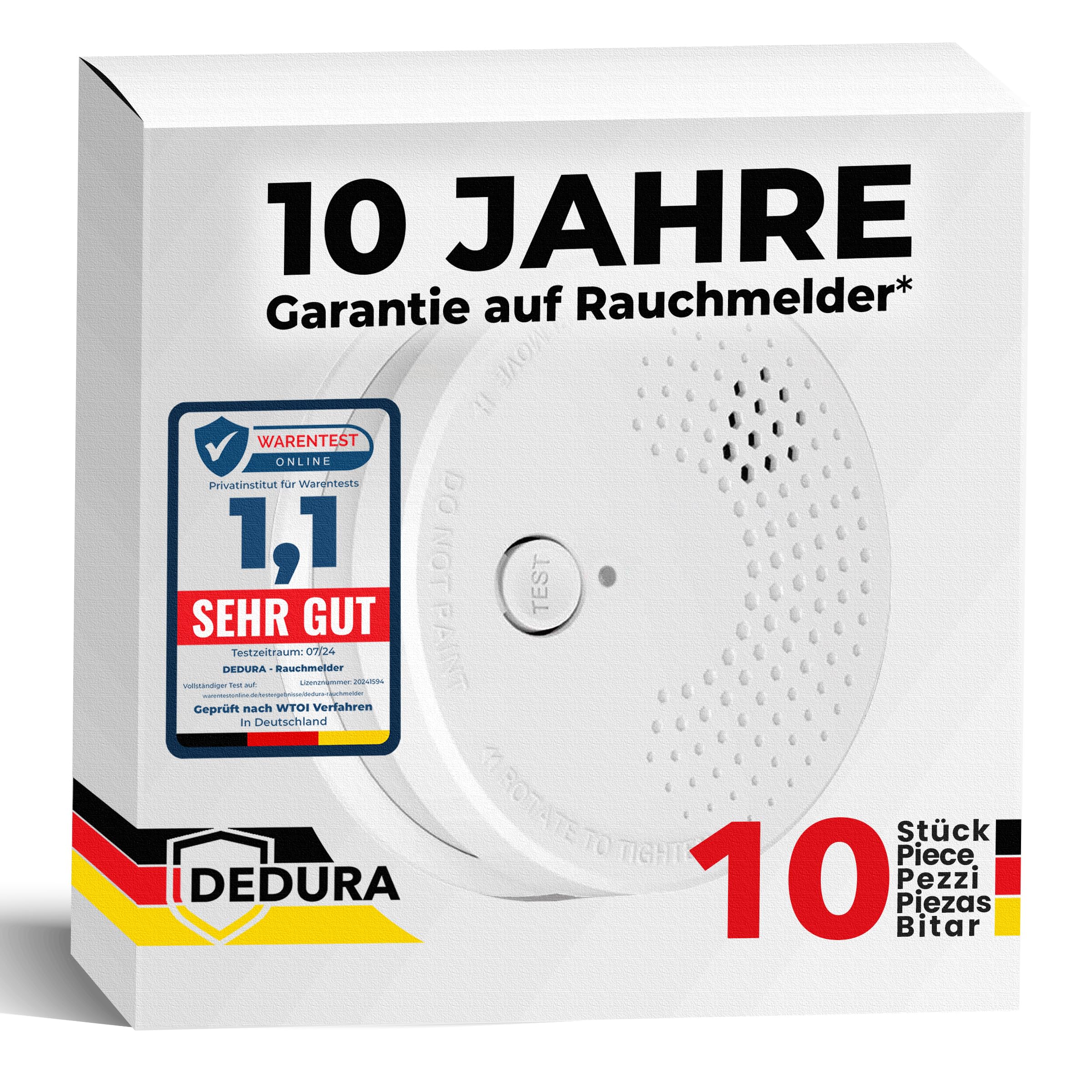 Rauchmelder 10er Set mit 10 Jahre Garantie BSI Zertifiziert nach DIN EN14604 inkl. 9V Batterie Rauchwarnmelder Brandmelder Feuermelder