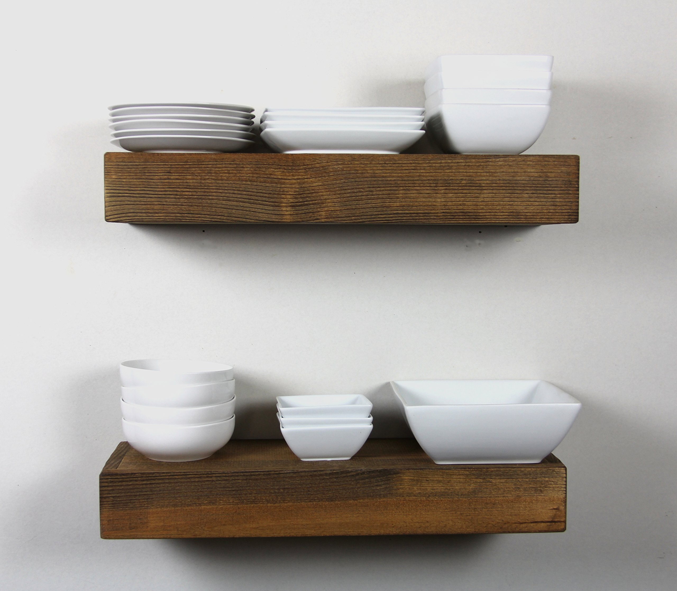 SOLID RUSTICS- Handmade Rustic Modern Wooden Floating Wall Shelves, Thick Edge Ledge Shelf (Set of 2) Handcrafted in USA Mounting Hardware (8" x 3.5" x 24, Dark Walnut)