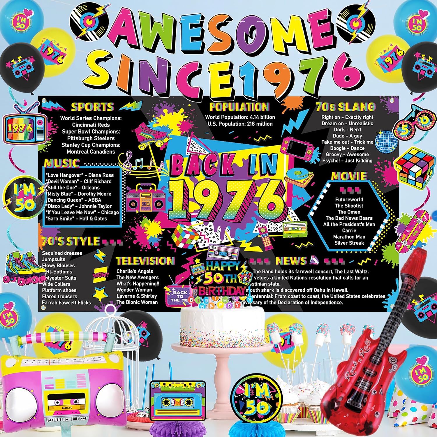Crenics 80s Theme 1976 50th Birthday Decorations for Men Women | Back in 1976 Backdrop, Awesome Since 1976 Banner, Swirls, Centerpieces and Balloons for 50 Birthday Party Supplies