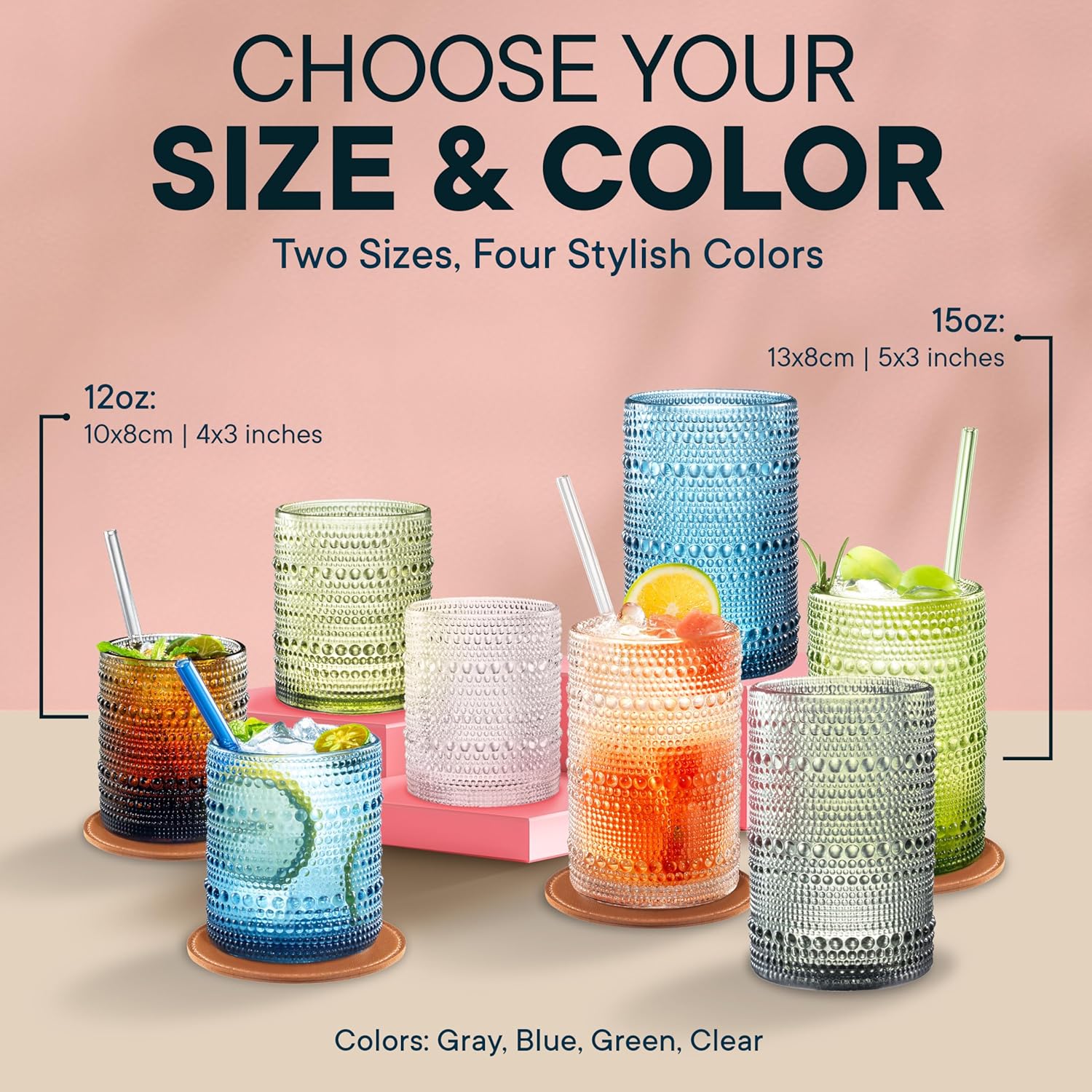 15 OZ Hobnail Drinking Set of 12 – Vintage Embossed Glassware, Textured Tumblers for Water, Beer, Cocktails, Mocktails, Whiskey & More – Includes Straws and Coasters – Clear - Image 3