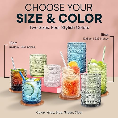 Miniatura 3 de Juego de 12 vasos de 15 onzas con textura para agua, cerveza, cócteles, cócteles sin alcohol, whisky y más, incluye popotes y posavasos, transparente